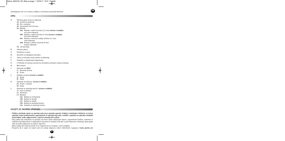 Opis: savjeti za sigurnu uporabu | Moulinex HV8 ME645 User Manual | Page 88 / 120