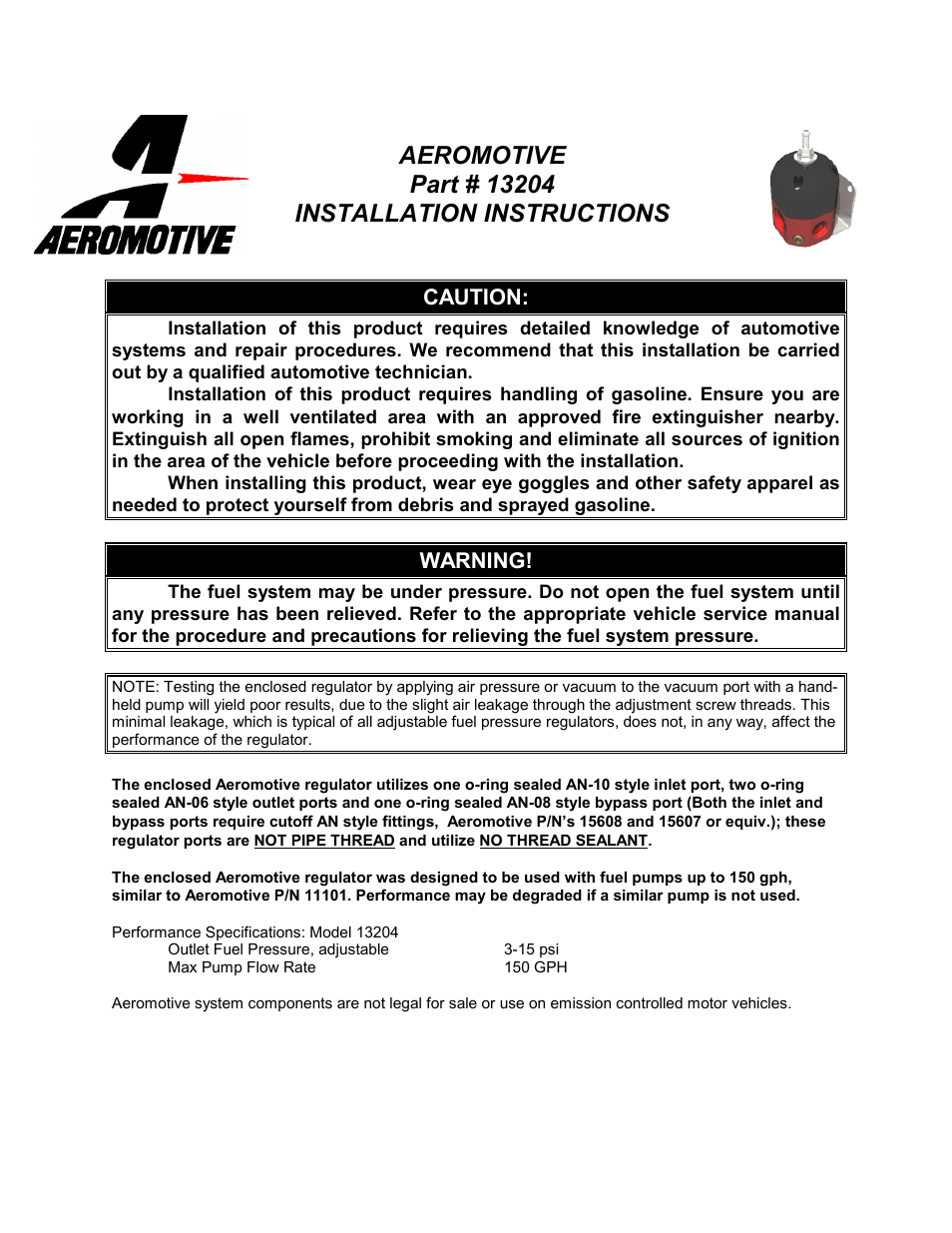 Aeromotive 13207 - MARINE A1000 BYPASS REGULATOR User Manual | 4 pages