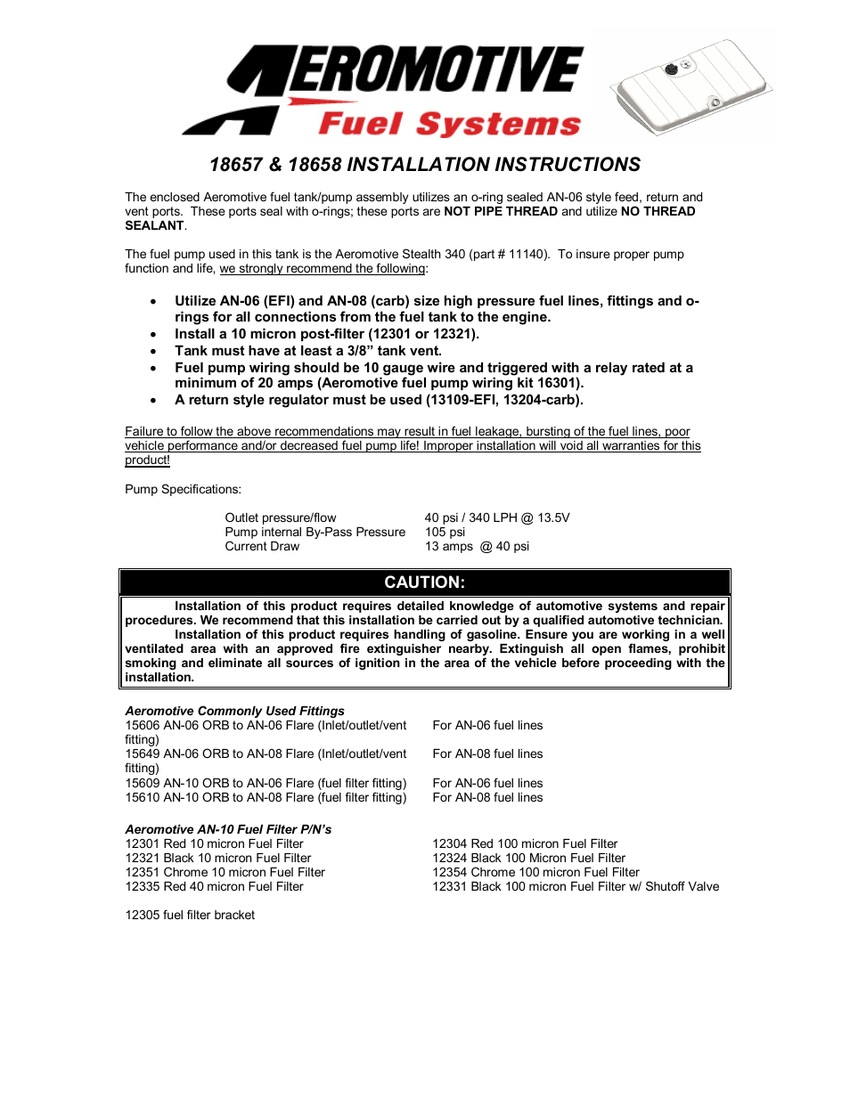 Aeromotive 18658 - 67-68 F-BODY STEALTH FUEL TANK User Manual | 5 pages