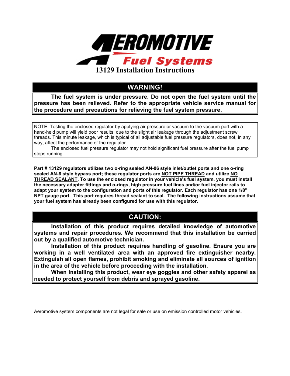 Aeromotive 13129 - EFI BYPASS REGULATOR User Manual | 4 pages