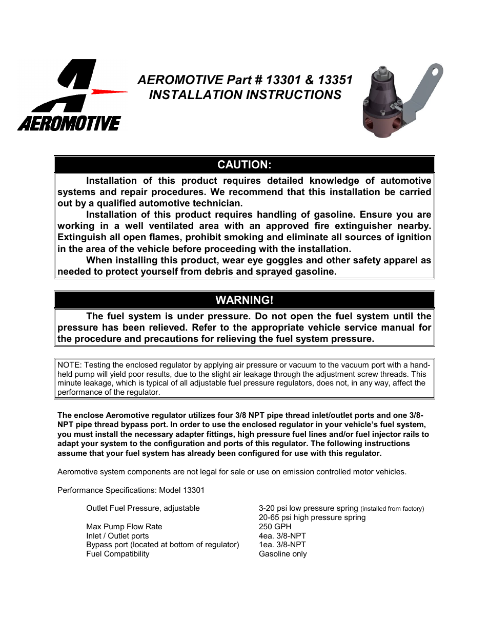 Aeromotive 13351 - PLATINUM SERIES UNIVERSAL BYPASS REGULATOR User Manual | 4 pages