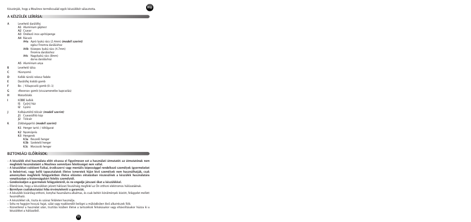 A készülék leírása: biztonsági előírások | Moulinex HV 8 ME610 User Manual | Page 33 / 102