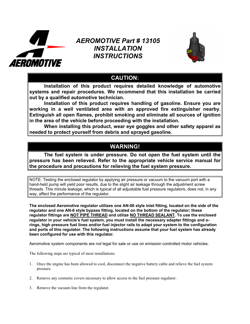 Aeromotive 13155 - PLATINUM SERIES COMPACT EFI REGULATOR User Manual | 3 pages