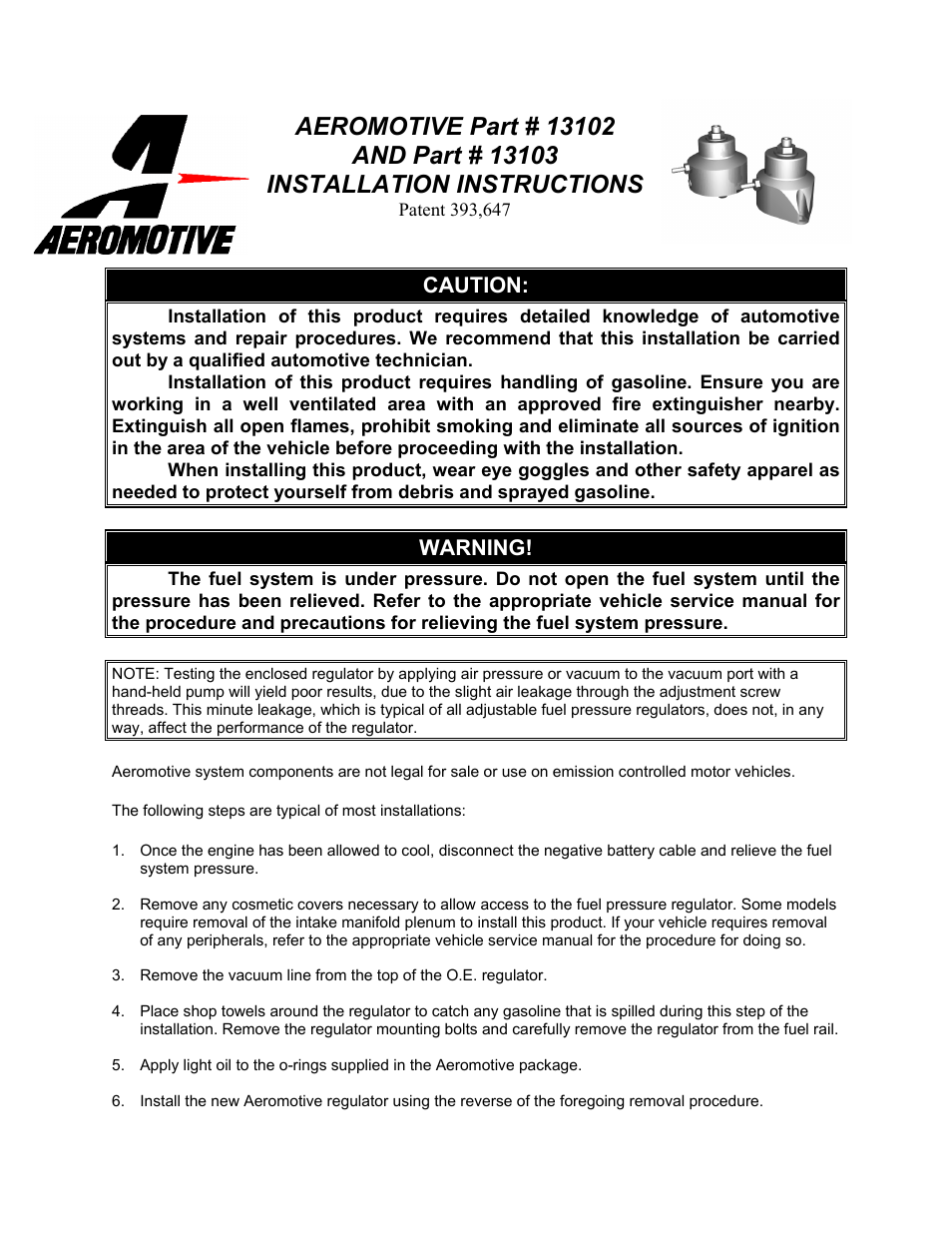 Aeromotive 13152 - PLATINUM SERIES FORD RAIL MOUNT REGULATOR User Manual | 3 pages