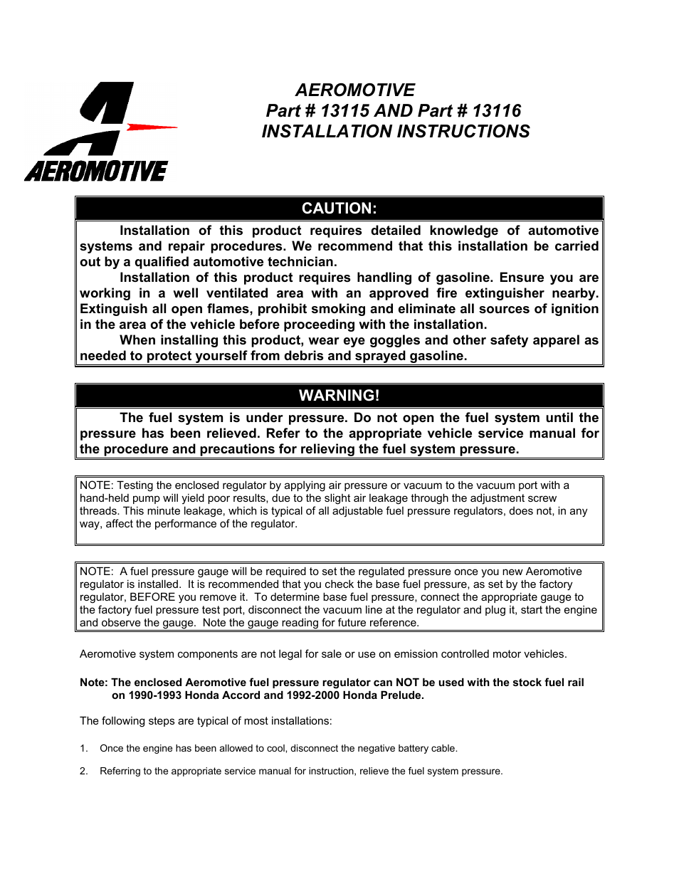 Aeromotive 13115 - HONDA_ACURA BILLET ADJUSTABLE REGULATORS User Manual | 3 pages