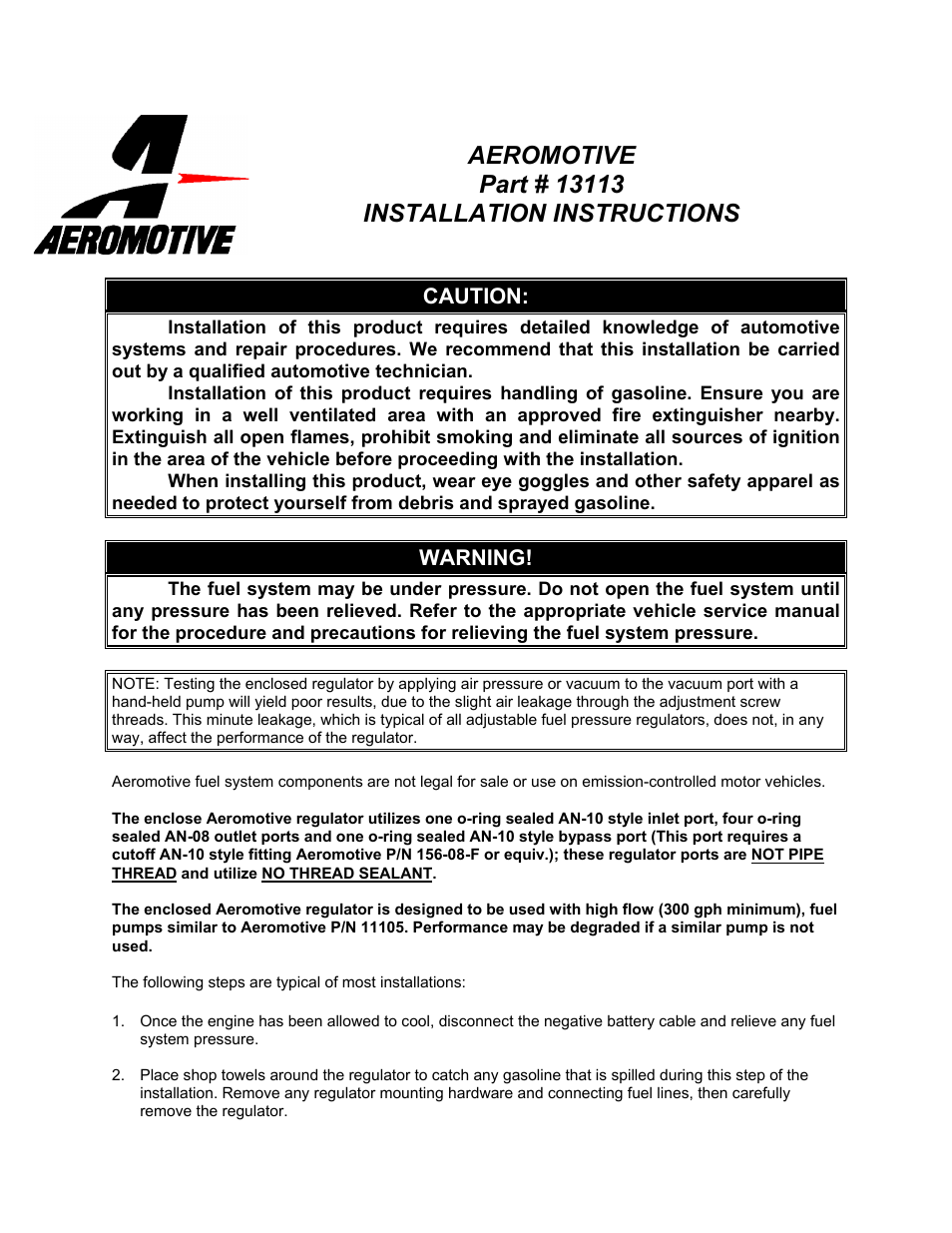 Aeromotive 13113 - BELT_HEX DRIVE EFI REGULATOR User Manual | 4 pages