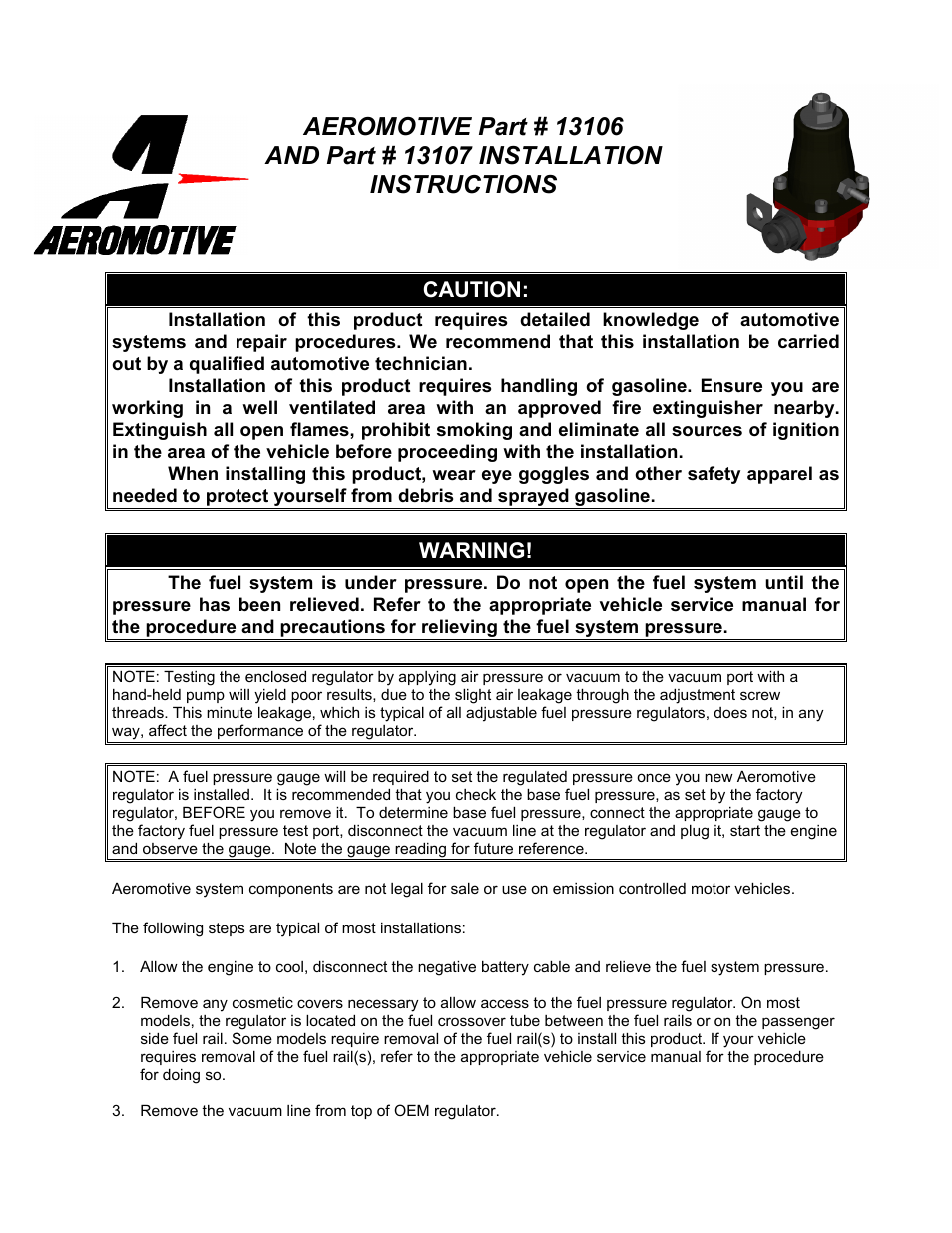 Aeromotive 13107 - GM LT-1 REGULATOR User Manual | 5 pages