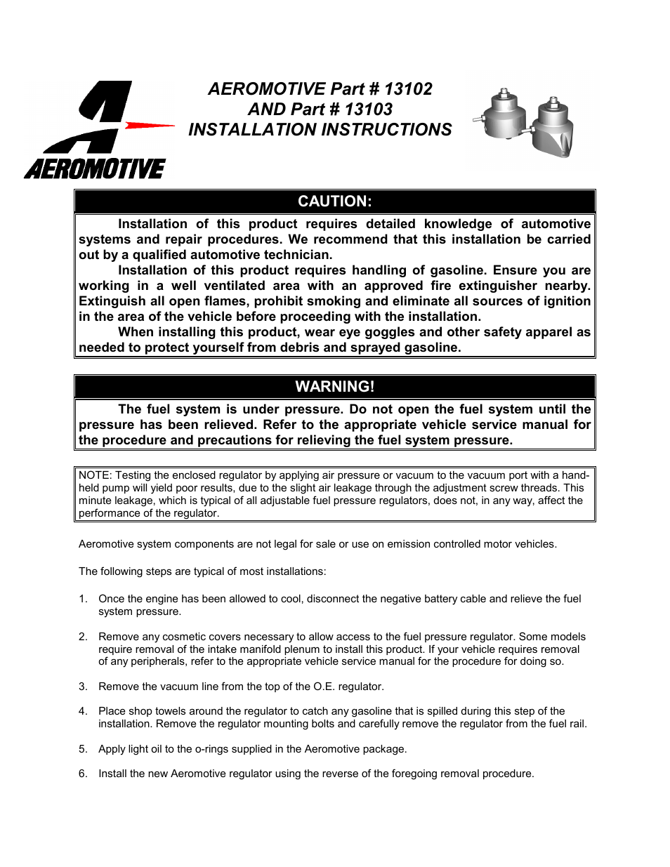 Aeromotive 13102 - FORD RAIL MOUNT REGULATOR User Manual | 3 pages