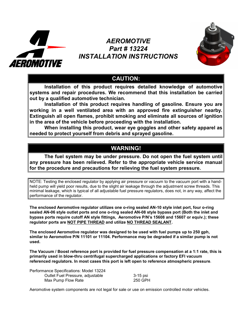 Aeromotive 13224 - A1000, 4-PORT CARBURETED BYPASS REGULATOR User Manual | 4 pages