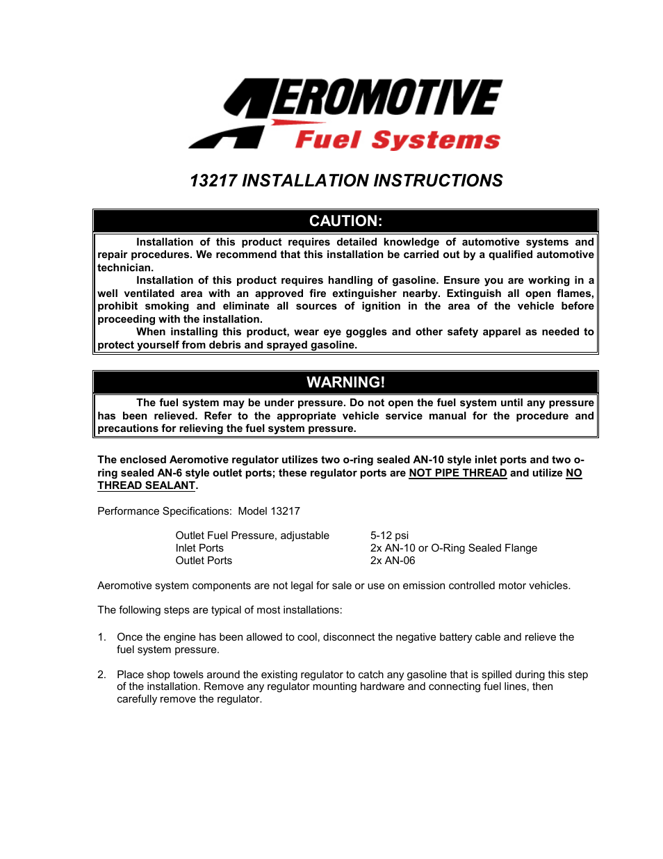 Aeromotive 13217 - STACKABLE CARBURETED REGULATOR User Manual | 4 pages