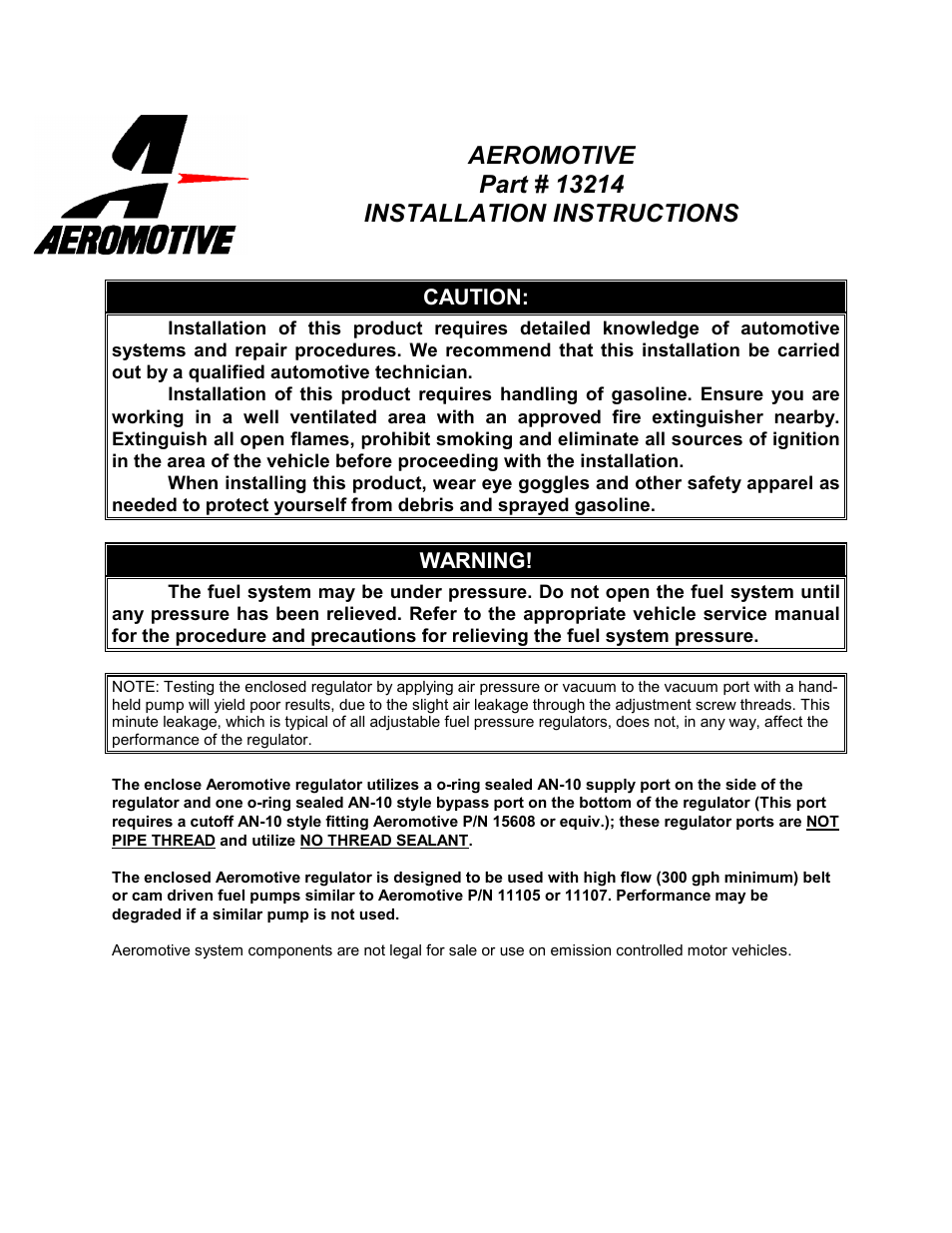 Aeromotive 13214 - DOUBLE-ADJUSTABLE BYPASS, 2-PORT REGULATOR User Manual | 4 pages