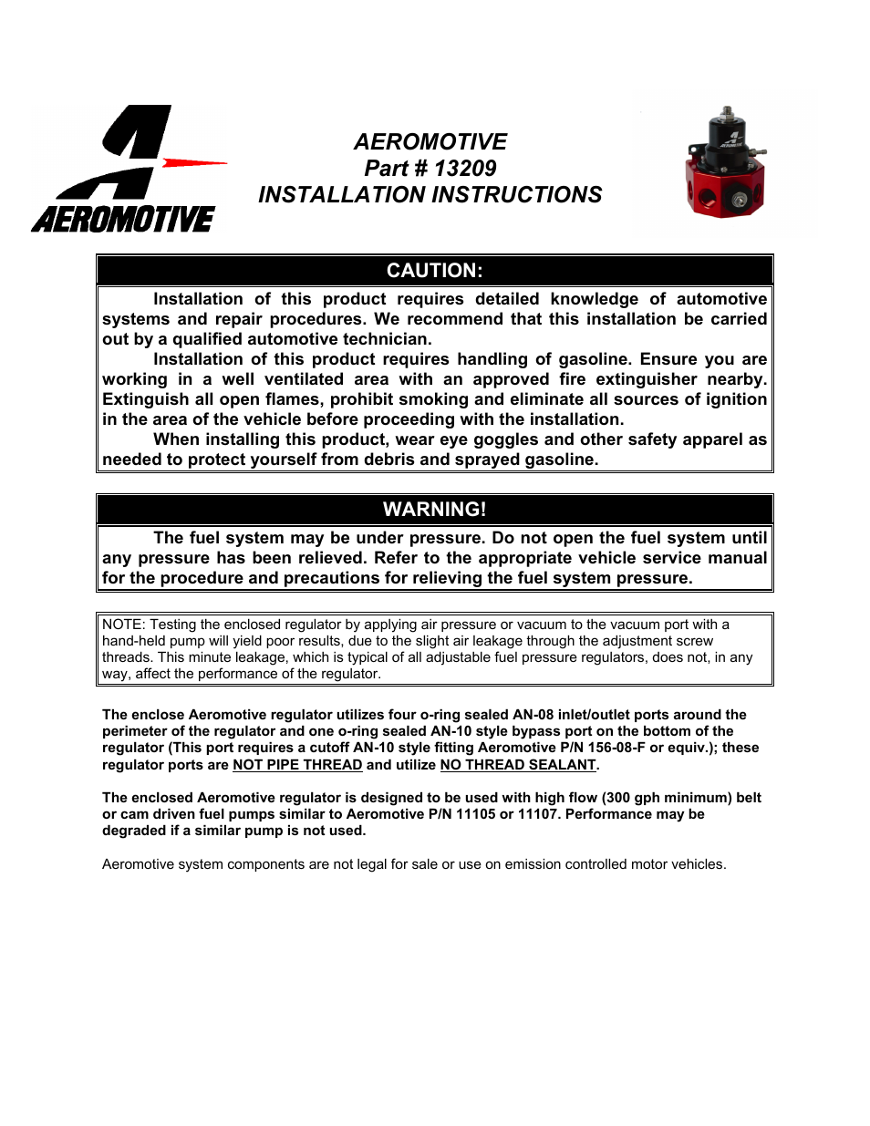 Aeromotive 13209 - DOUBLE-ADJUSTABLE BYPASS REGULATOR User Manual | 4 pages