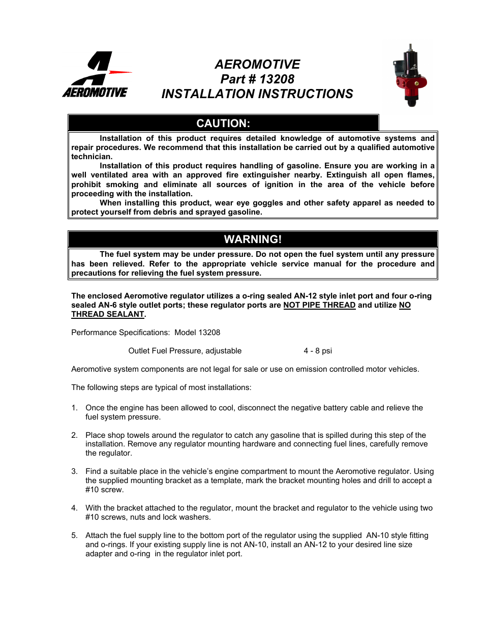 Aeromotive 13208 - PRO-STOCK, 4-PORT REGULATOR User Manual | 3 pages