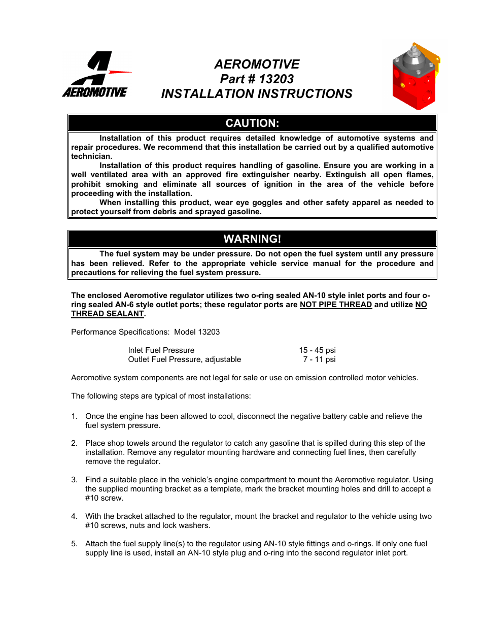 Aeromotive 13203 - A4 CARBURETED REGULATOR User Manual | 3 pages