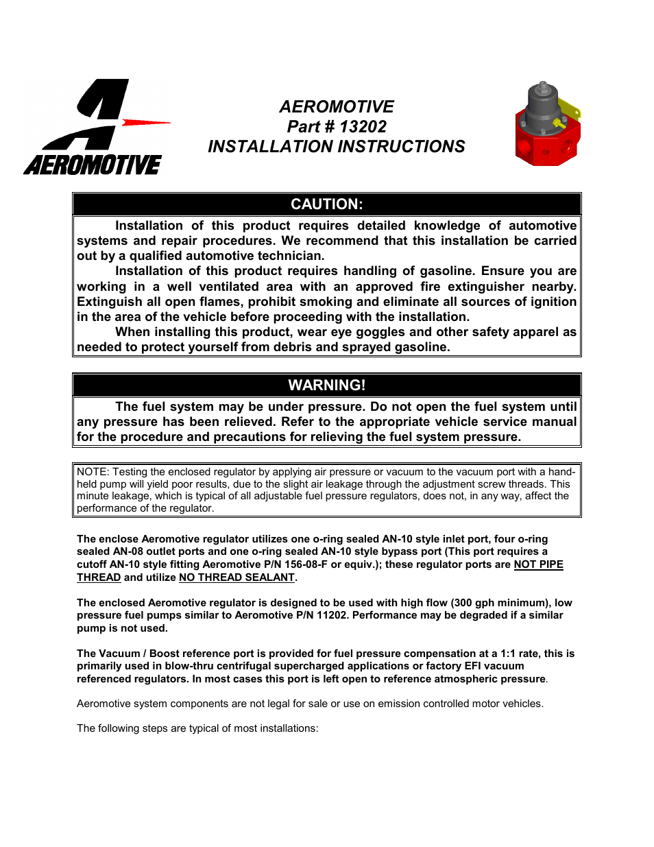 Aeromotive 13202 - A2000 BYPASS REGULATOR User Manual | 3 pages