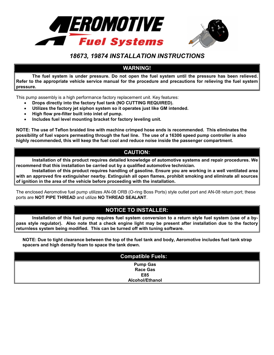 Aeromotive 18673 - A1000 CAMARO STEALTH KIT User Manual | 9 pages