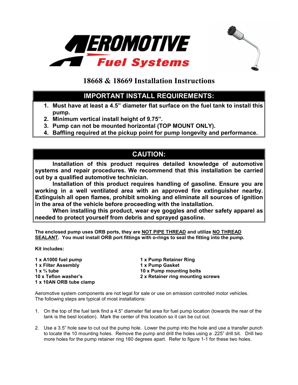 Aeromotive 18668 - UNIVERSAL A1000 STEALTH PUMP ASSEMBLY User Manual | 7 pages