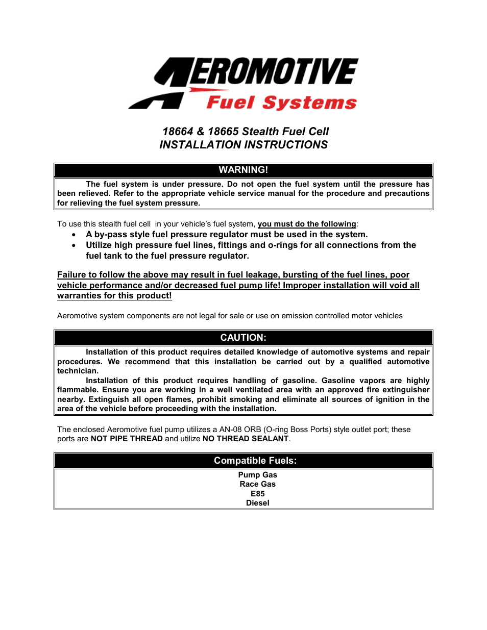 Aeromotive 18664 - 15G 340 STEALTH FUEL CELL User Manual | 5 pages