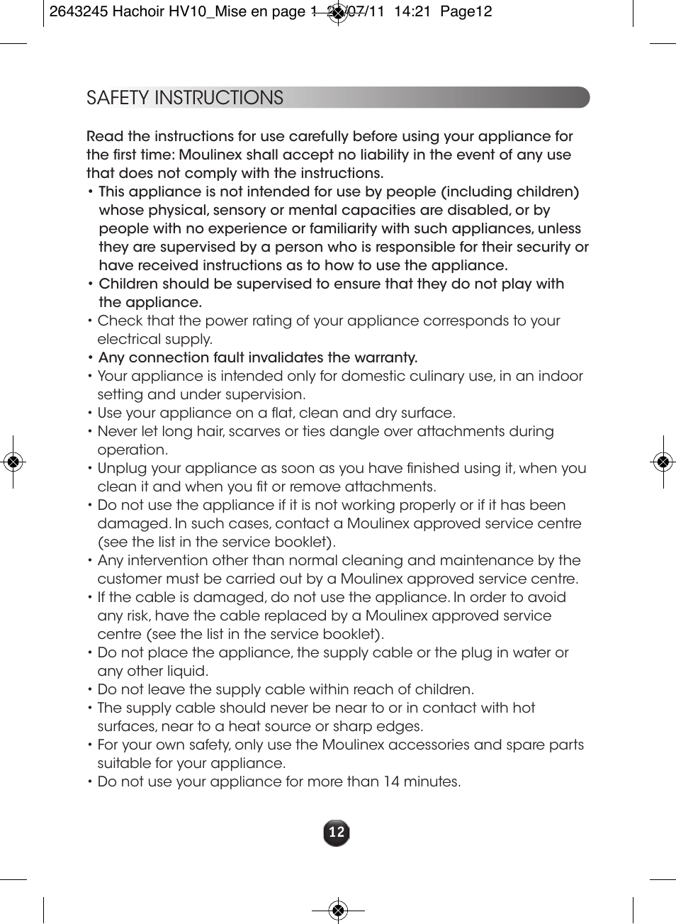 Safety instructions | Moulinex HV10 ME850 User Manual | Page 18 / 118