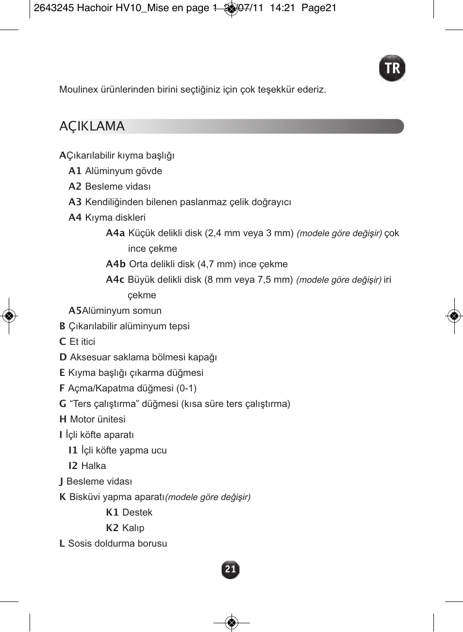 Açiklama | Moulinex HV10 ME850 User Manual | Page 27 / 118