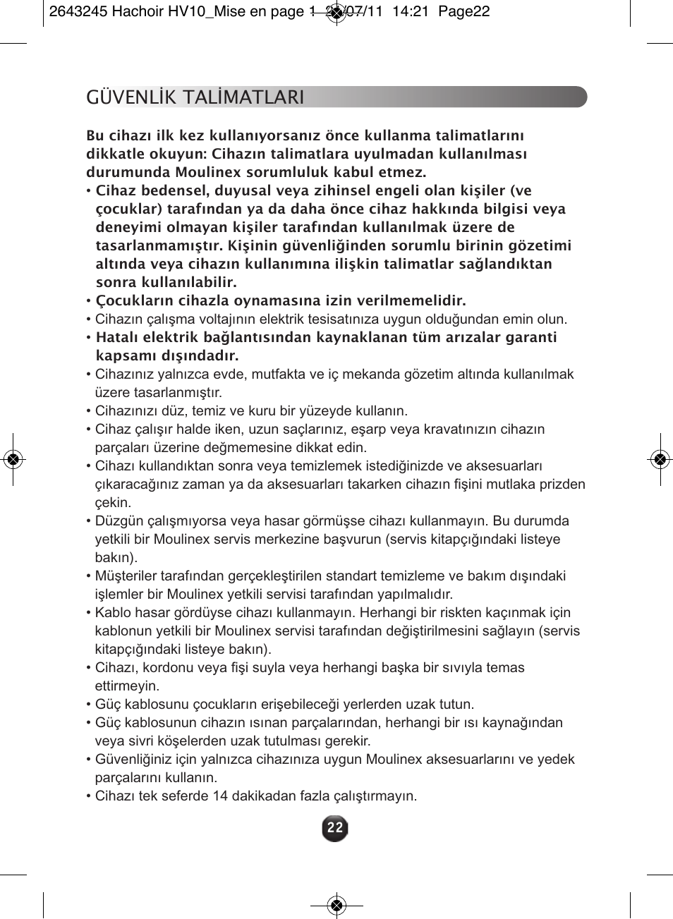 Güvenlik talimatlari | Moulinex HV10 ME850 User Manual | Page 28 / 118