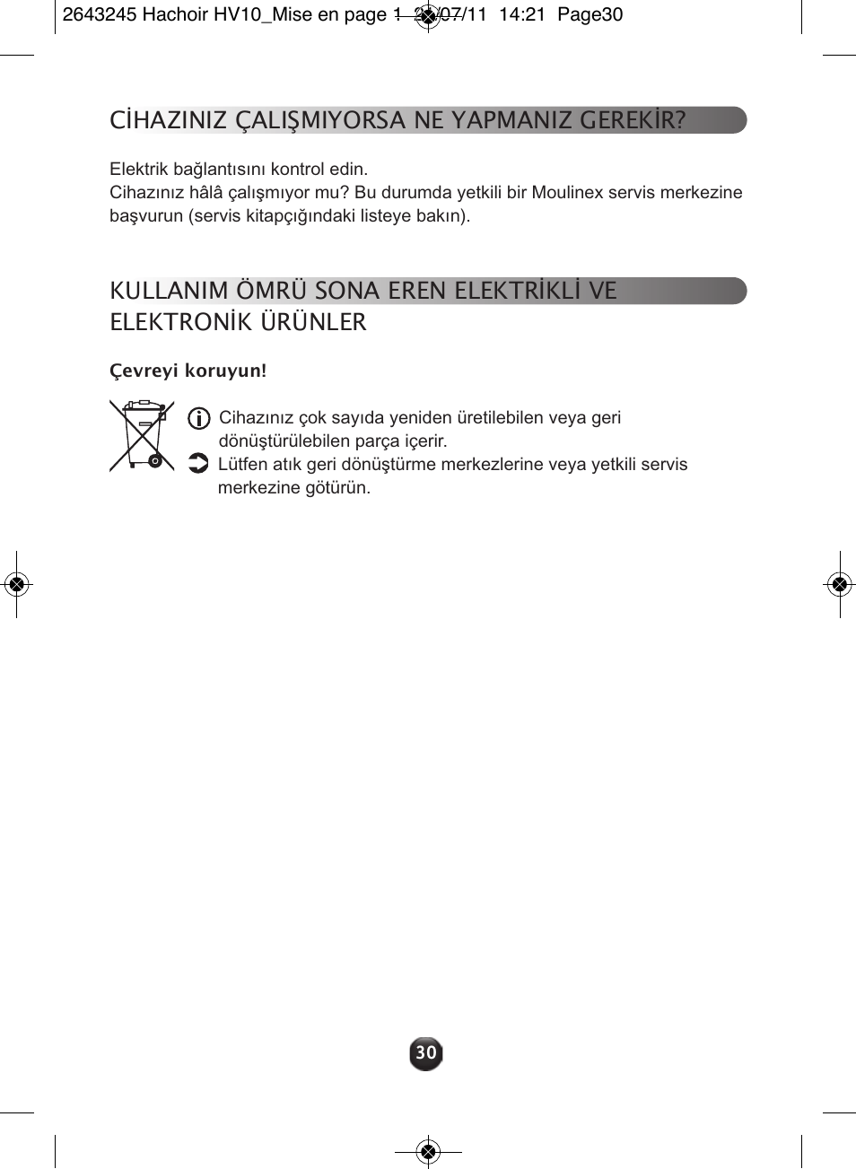 Cihaziniz çalişmiyorsa ne yapmaniz gerekir | Moulinex HV10 ME850 User Manual | Page 36 / 118
