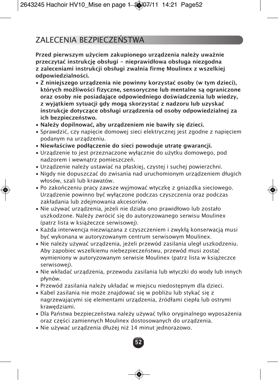 Zalecenia bezpieczeństwa | Moulinex HV10 ME850 User Manual | Page 58 / 118