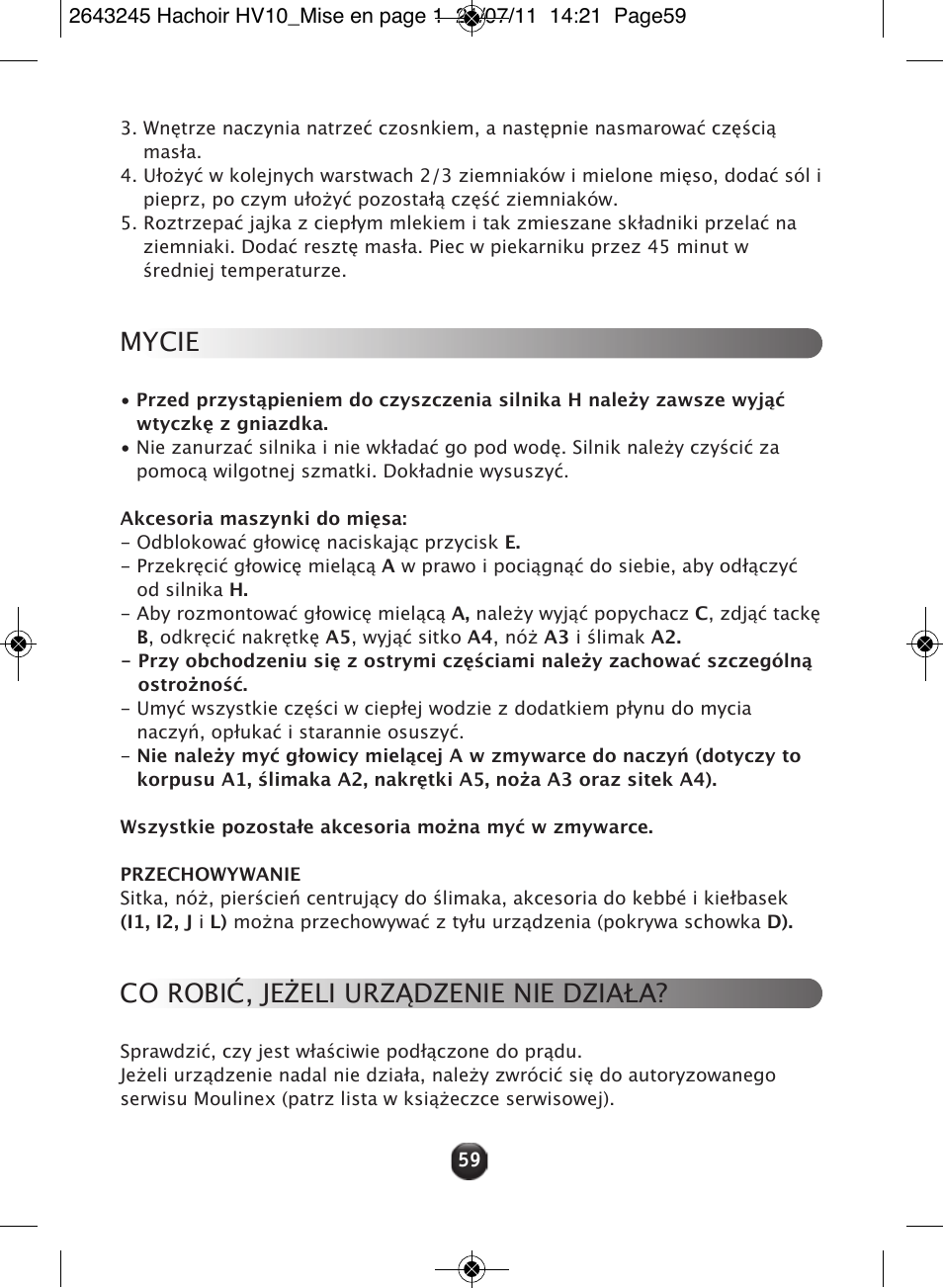Mycie, Co robić, jeżeli urządzenie nie działa | Moulinex HV10 ME850 User Manual | Page 65 / 118