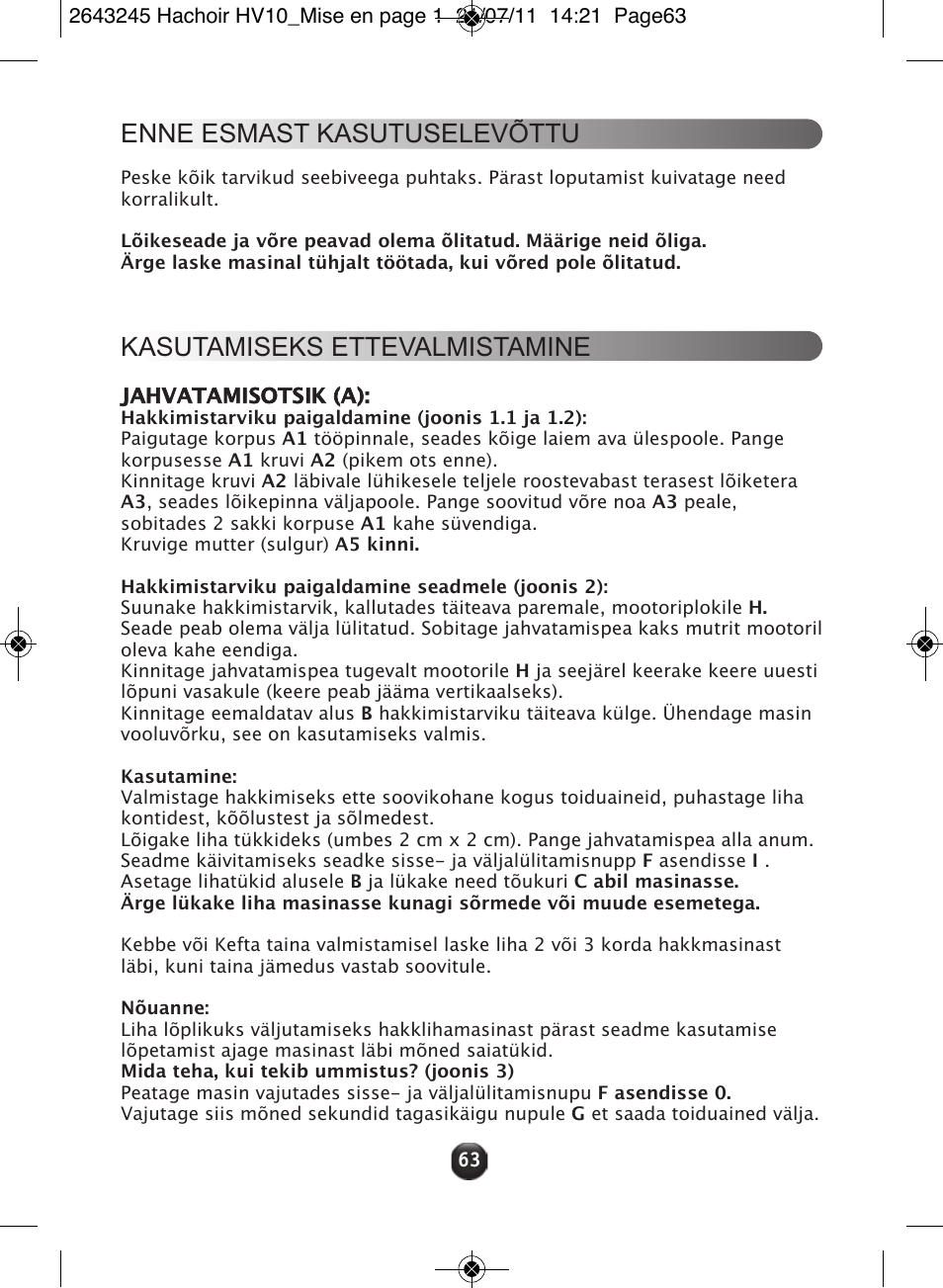 Enne esmast kasutuselevõttu, Kasutamiseks ettevalmistamine | Moulinex HV10 ME850 User Manual | Page 69 / 118