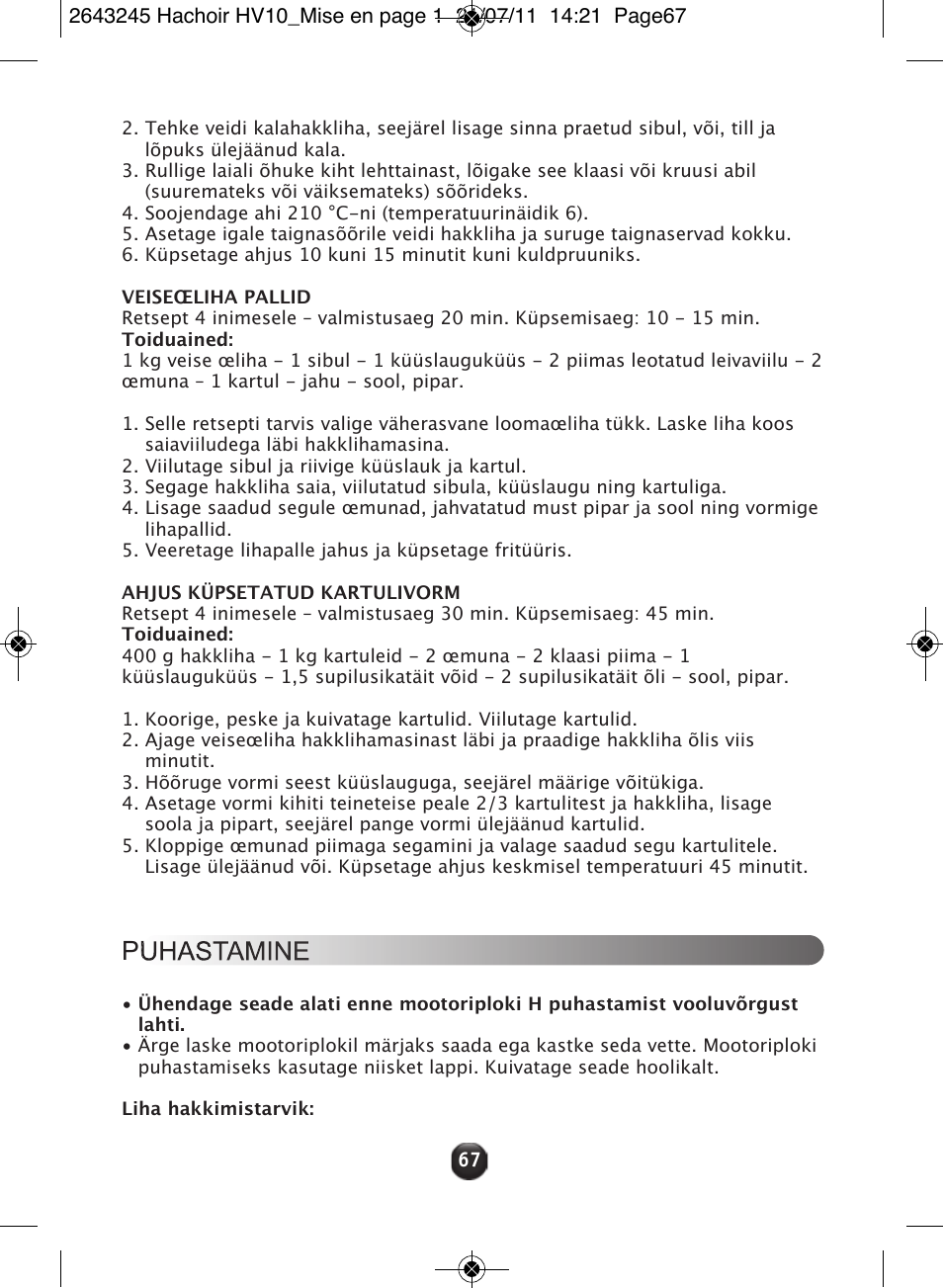 Puhastamine | Moulinex HV10 ME850 User Manual | Page 73 / 118