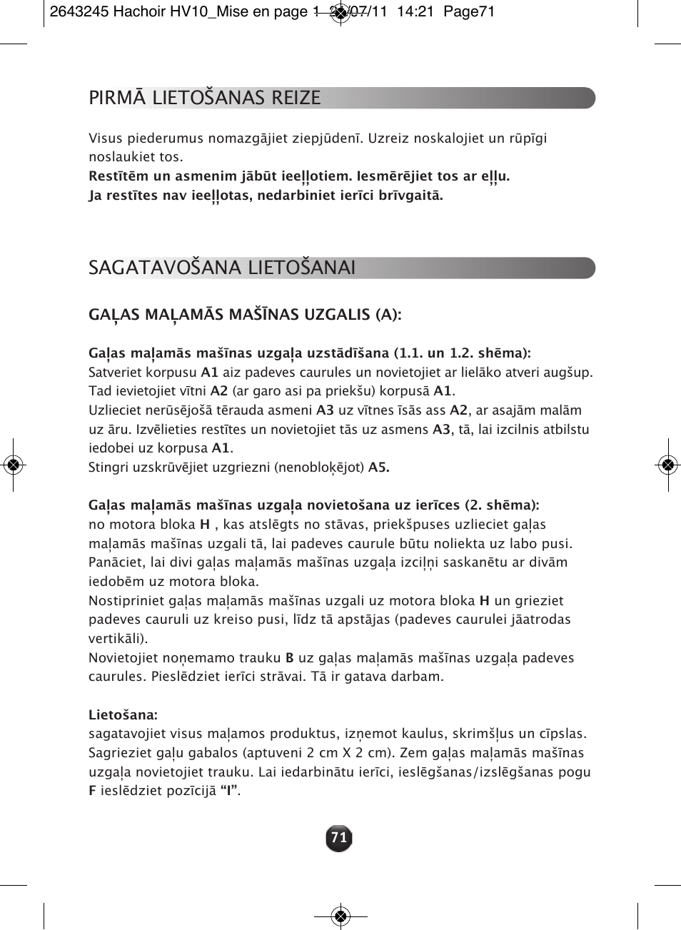 Pirmā lietošanas reize, Sagatavošana lietošanai | Moulinex HV10 ME850 User Manual | Page 77 / 118