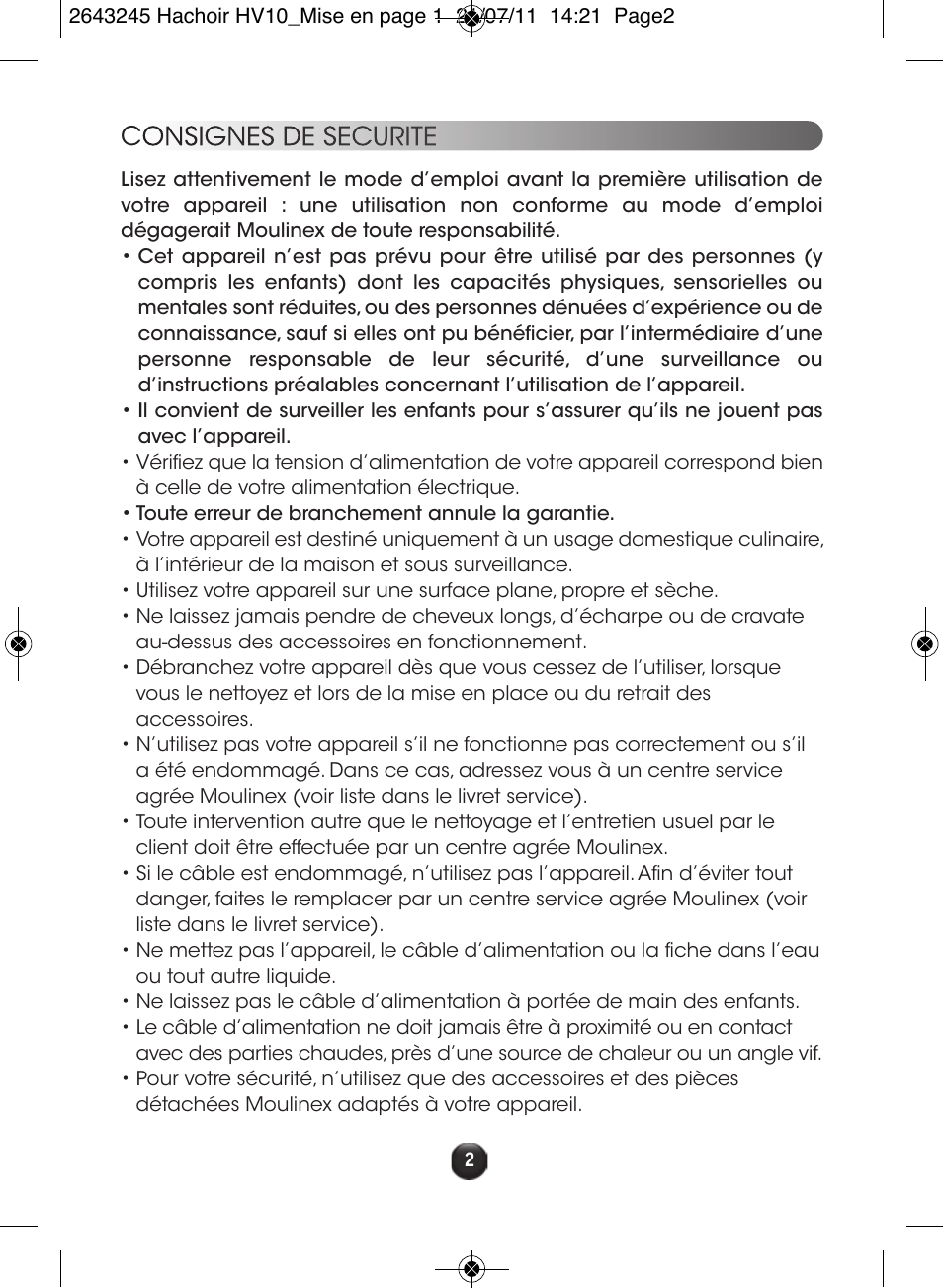 Consignes de securite | Moulinex HV10 ME850 User Manual | Page 8 / 118