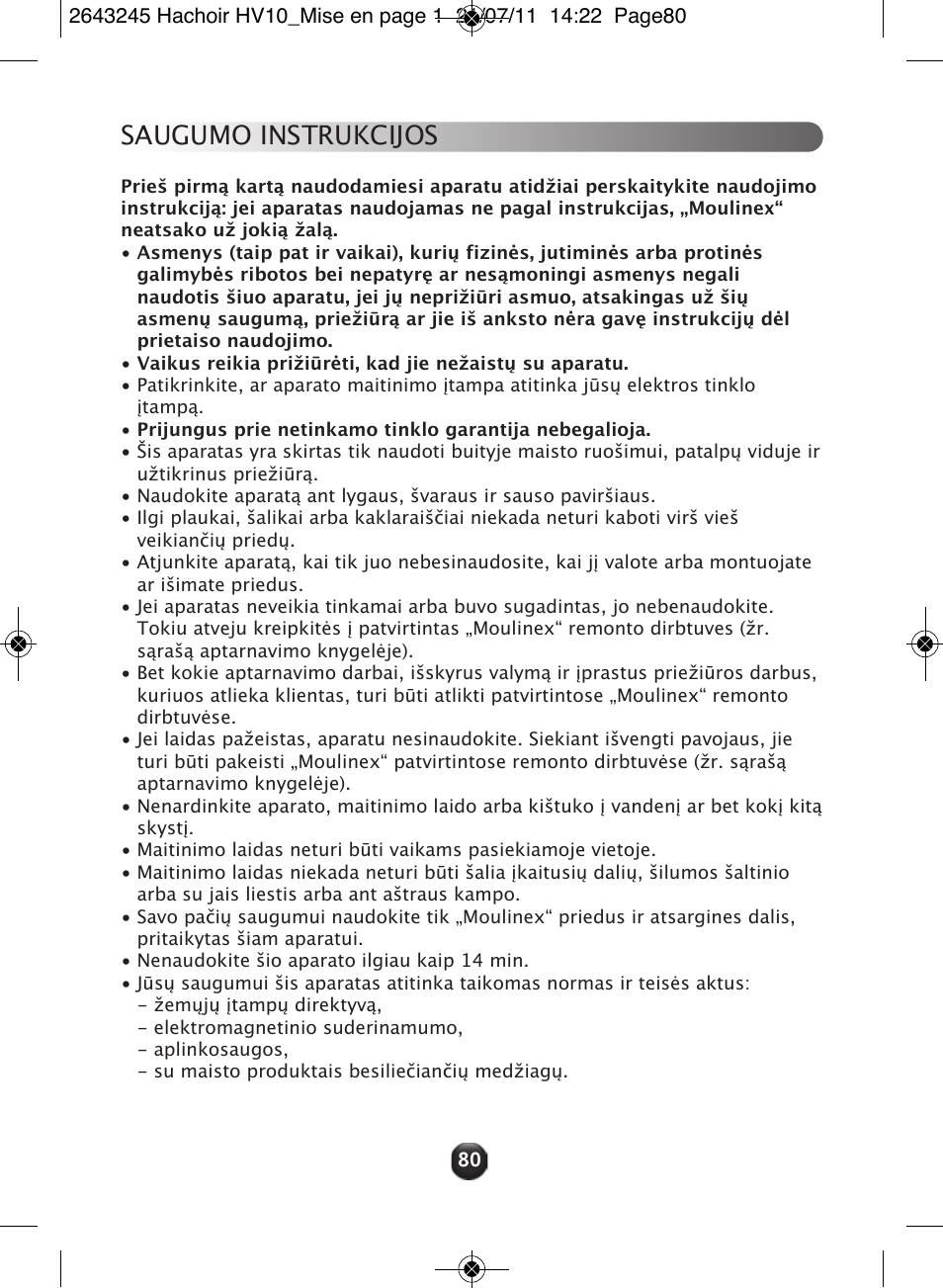 Saugumo instrukcijos | Moulinex HV10 ME850 User Manual | Page 86 / 118