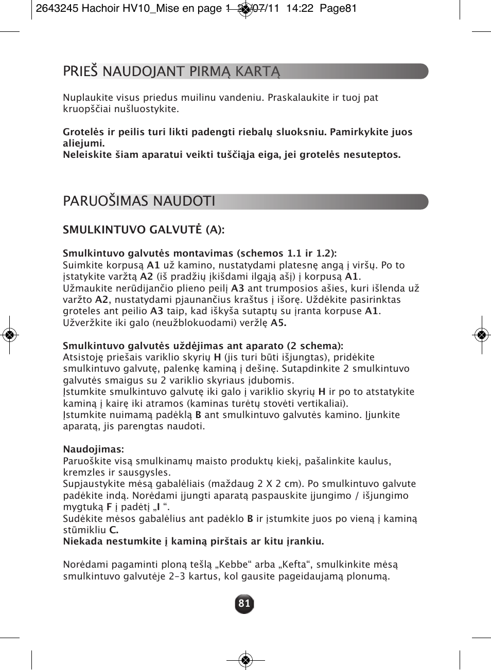 Prieš naudojant pirmą kartą, Paruošimas naudoti | Moulinex HV10 ME850 User Manual | Page 87 / 118