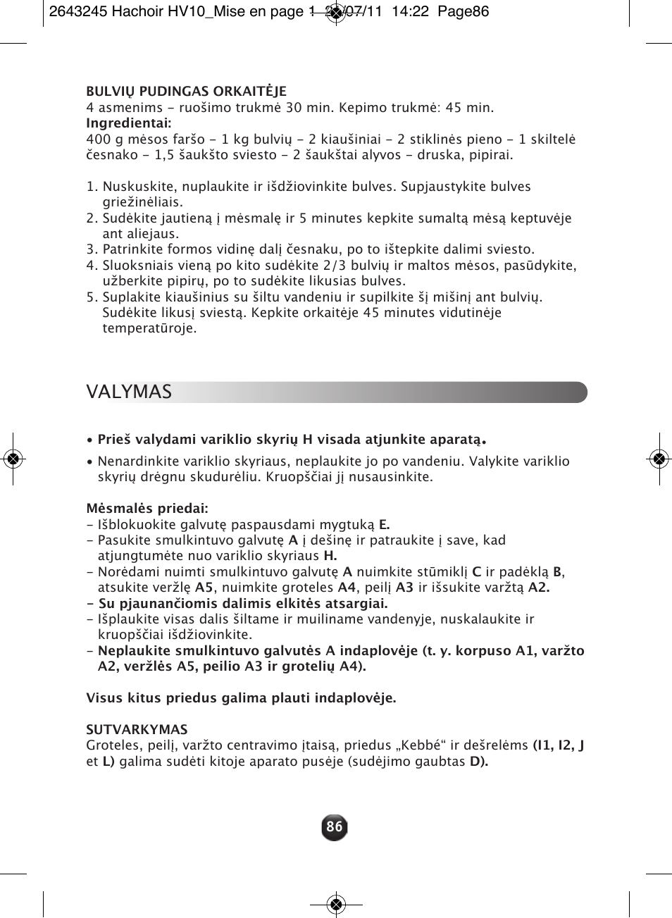 Valymas | Moulinex HV10 ME850 User Manual | Page 92 / 118