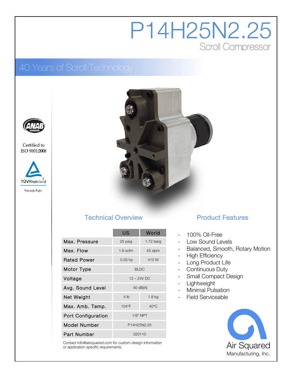 Air Squared P14H25N2.25 User Manual | 2 pages