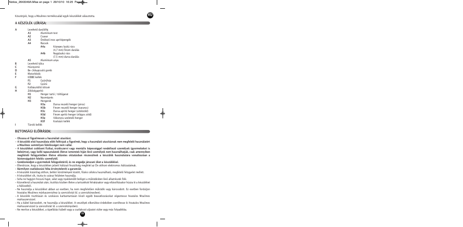 Biztonsági előírások: a készülék leírása | Moulinex HV 4 ME41513E User Manual | Page 63 / 134