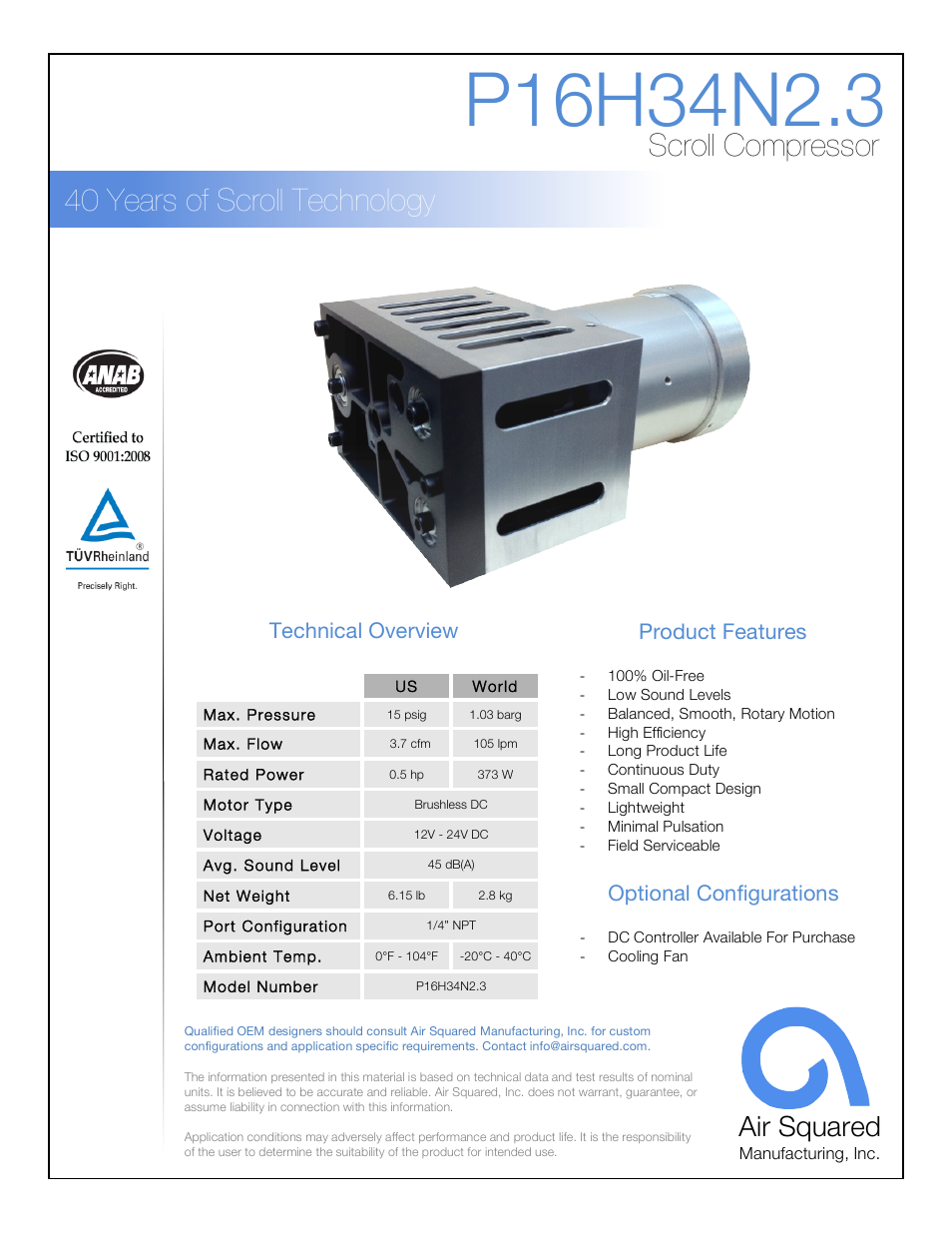 Air Squared P16H34N2.3 User Manual | 2 pages