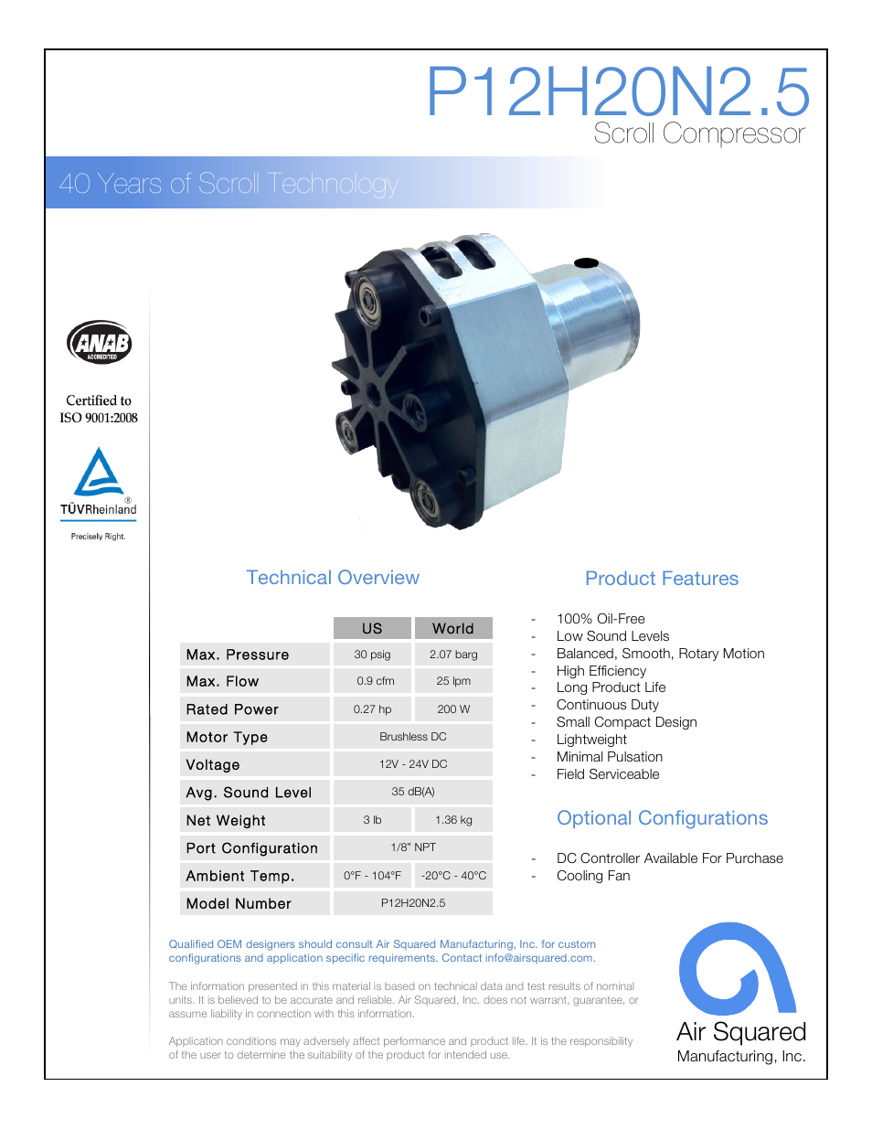 Air Squared P12H20N2.5 User Manual | 2 pages
