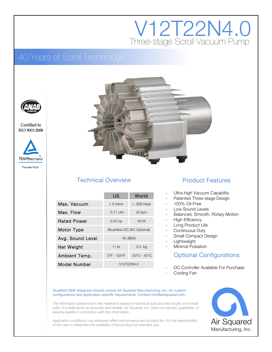 Air Squared V12T22N4.0 User Manual | 2 pages