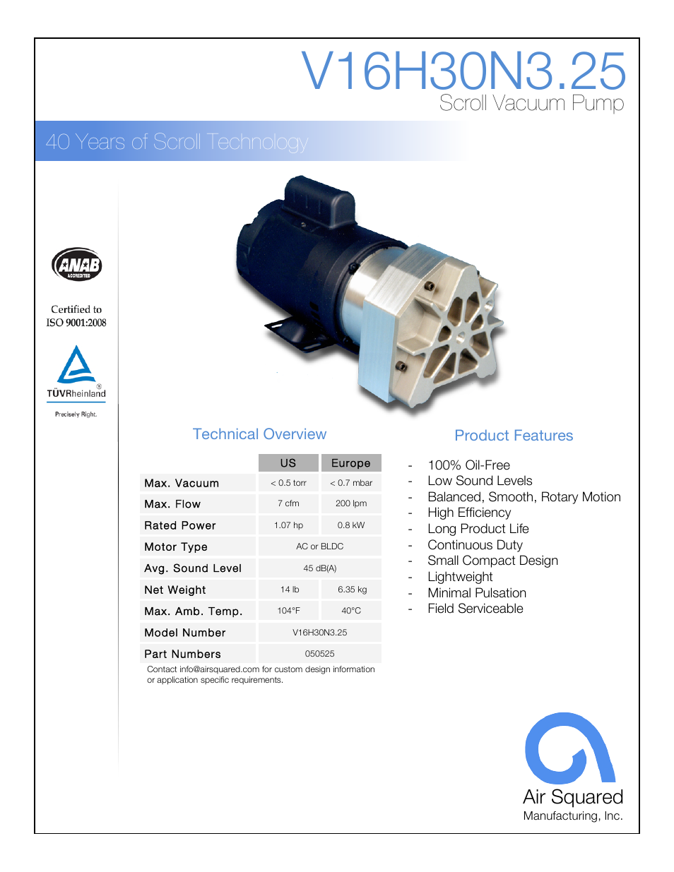 Air Squared V16H30N3.25 User Manual | 2 pages