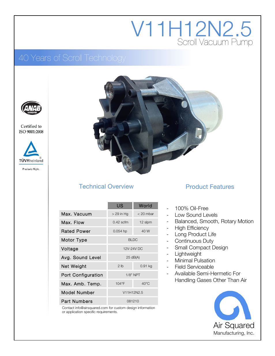 Air Squared V11H12N2.5 User Manual | 2 pages