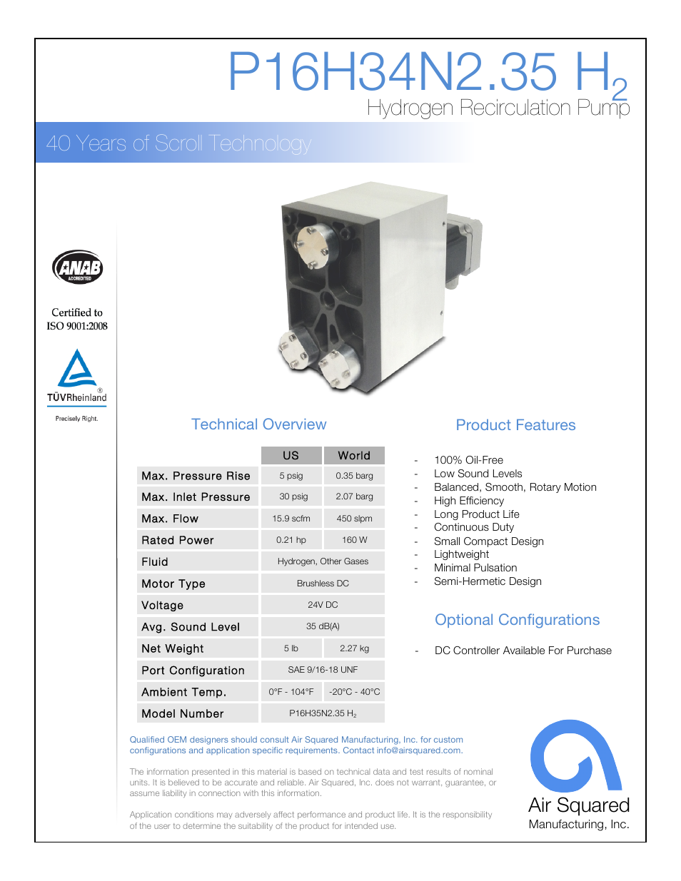 Air Squared P16H34N2.35 H2 User Manual | 2 pages