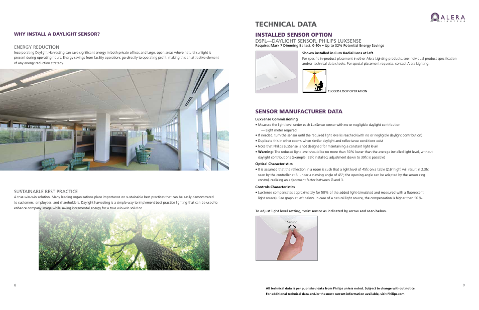 Technical data, Installed sensor option, Sensor manufacturer data | Dspl—daylight sensor, philips luxsense | Alera Lighting AL1072 - Installed Daylight Sensors Guide User Manual | Page 5 / 7