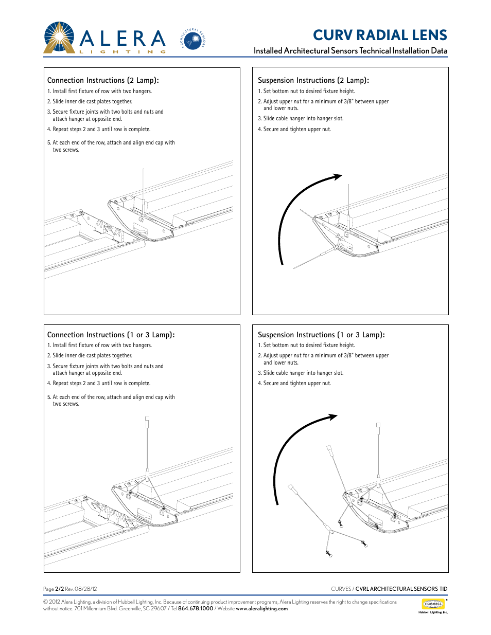 Curv radial lens, Connection instructions (2 lamp), Suspension instructions (2 lamp) | Connection instructions (1 or 3 lamp), Suspension instructions (1 or 3 lamp) | Alera Lighting CVRL - Arch Sensors User Manual | Page 2 / 2