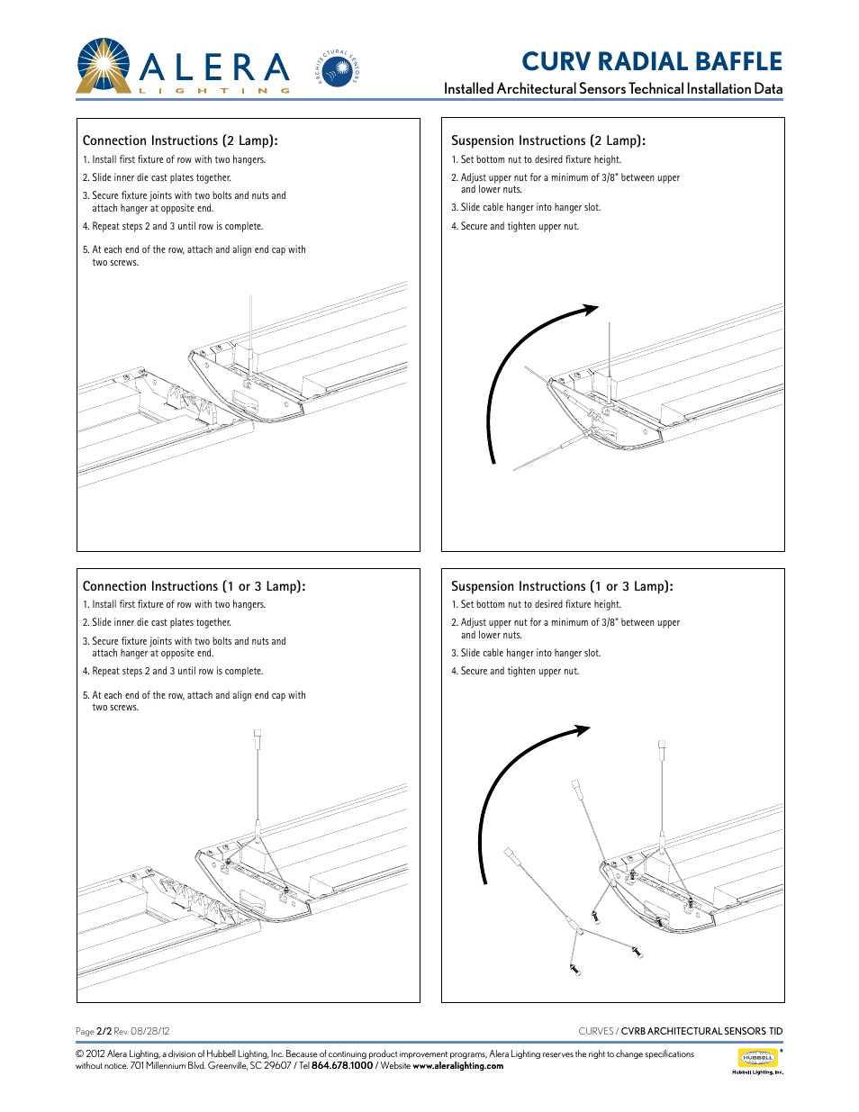 Curv radial baffle, Connection instructions (2 lamp), Suspension instructions (2 lamp) | Connection instructions (1 or 3 lamp), Suspension instructions (1 or 3 lamp) | Alera Lighting CVRB - Arch Sensors User Manual | Page 2 / 2