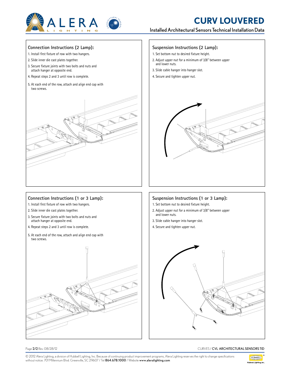 Curv louvered, Connection instructions (2 lamp), Suspension instructions (2 lamp) | Connection instructions (1 or 3 lamp), Suspension instructions (1 or 3 lamp) | Alera Lighting CVL - Arch Sensors User Manual | Page 2 / 2