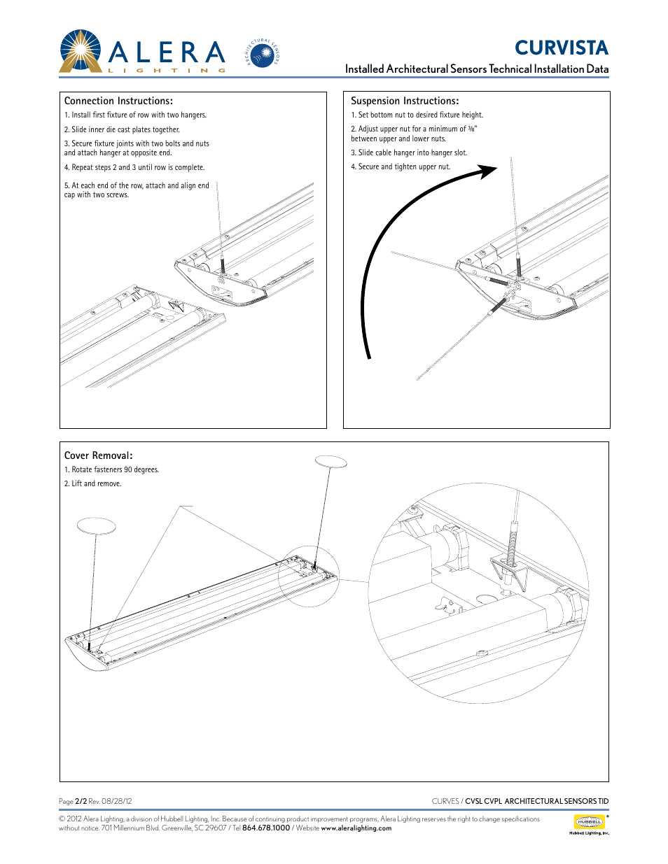 Curvista, Connection instructions, Suspension instructions | Cover removal | Alera Lighting CVSL_CVPL - Arch Sensors User Manual | Page 2 / 2