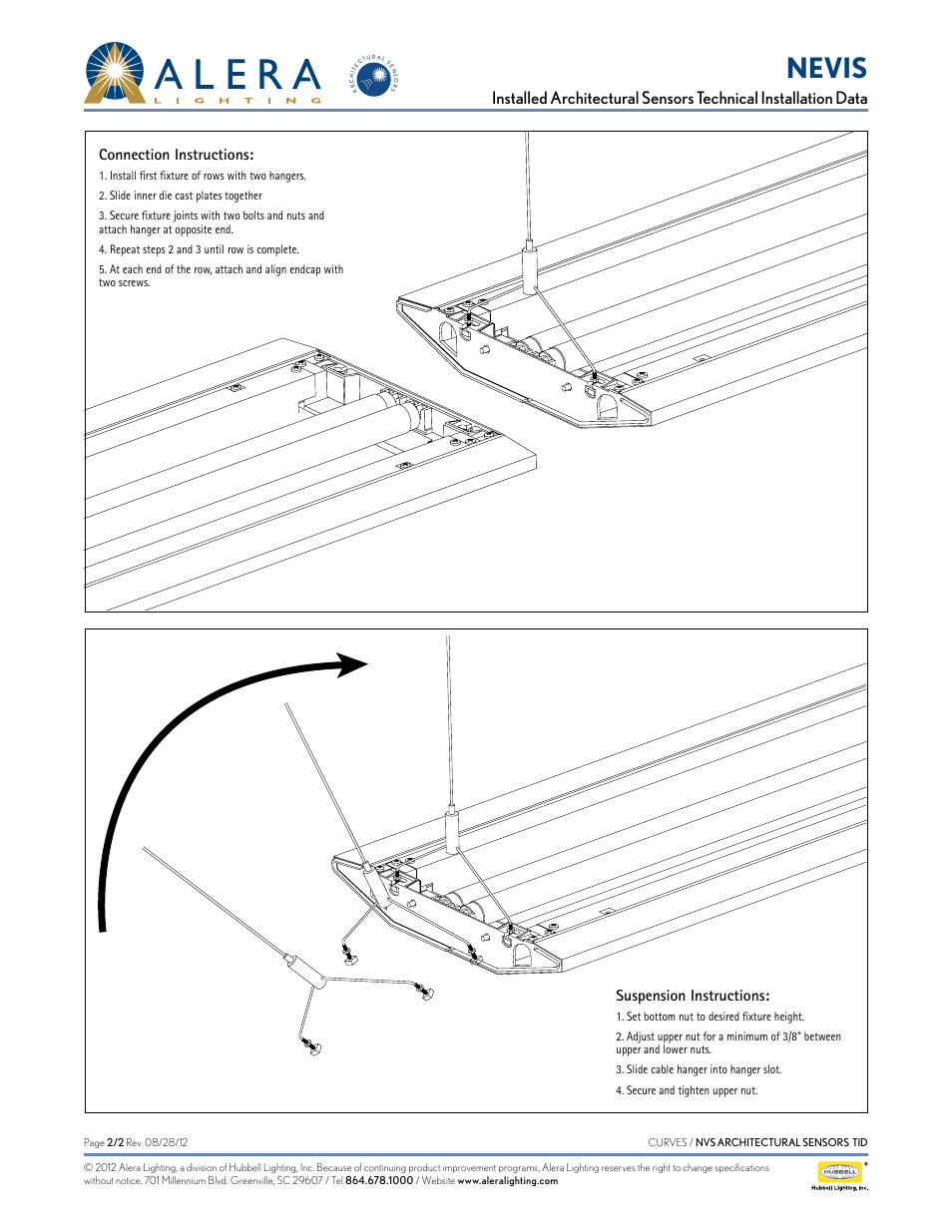 Nevis, Suspension instructions, Connection instructions | Alera Lighting NVS - Arch Sensors User Manual | Page 2 / 2