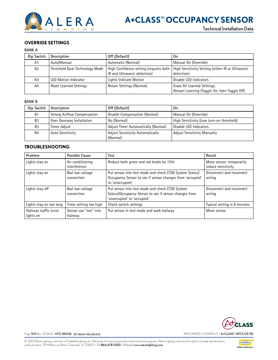 A+class, Occupancy sensor | Alera Lighting APCS OS User Manual | Page 5 / 5